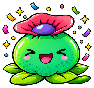 La mascota de Avalon Magic Plants, una figura verde con una flor roja en la cabeza, celebrando entre confeti